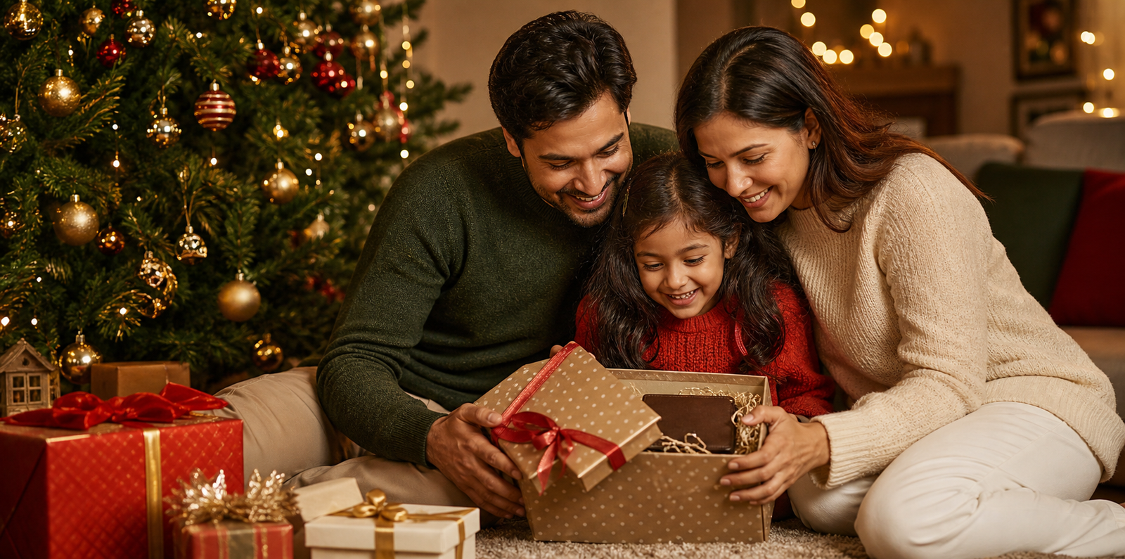 Family opening a personalised Christmas gift